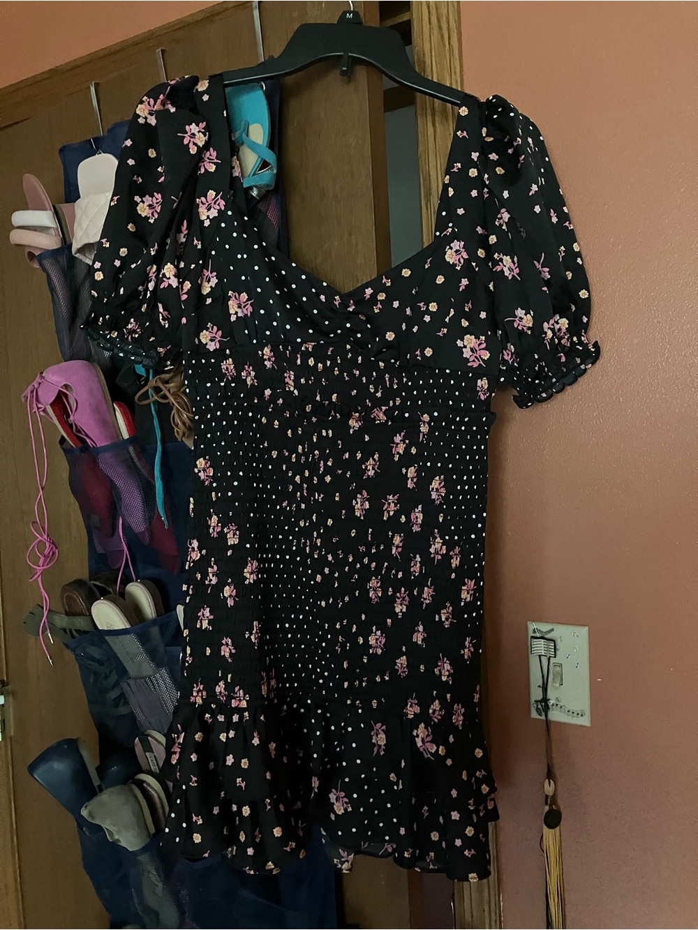For Love & Lemons Black Mini Dress with Pink Floral and White Polka Dots - Picture 5 of 5